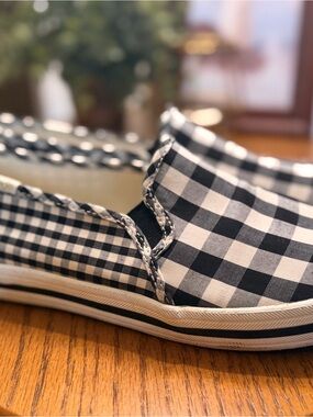 Kate Spade Keds Black and White Gingham Slip-On Sneakers